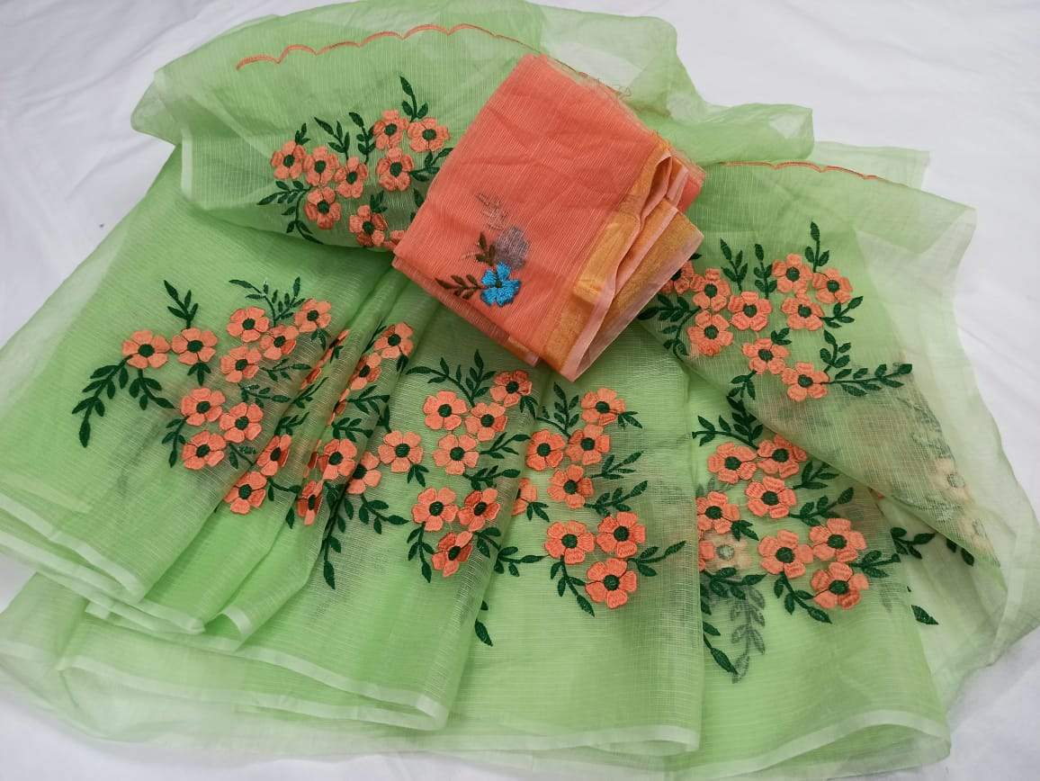 Lightgreen with Orange Kota Doria Saree