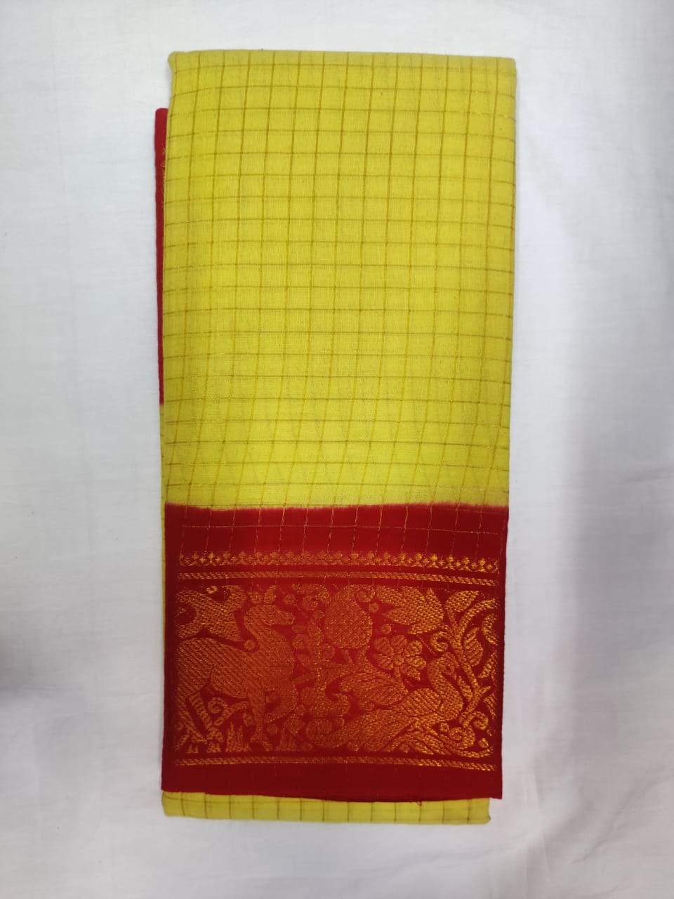 Lime Yellow with Red-Madurai Sungudi Sarees - Double side Jari Border