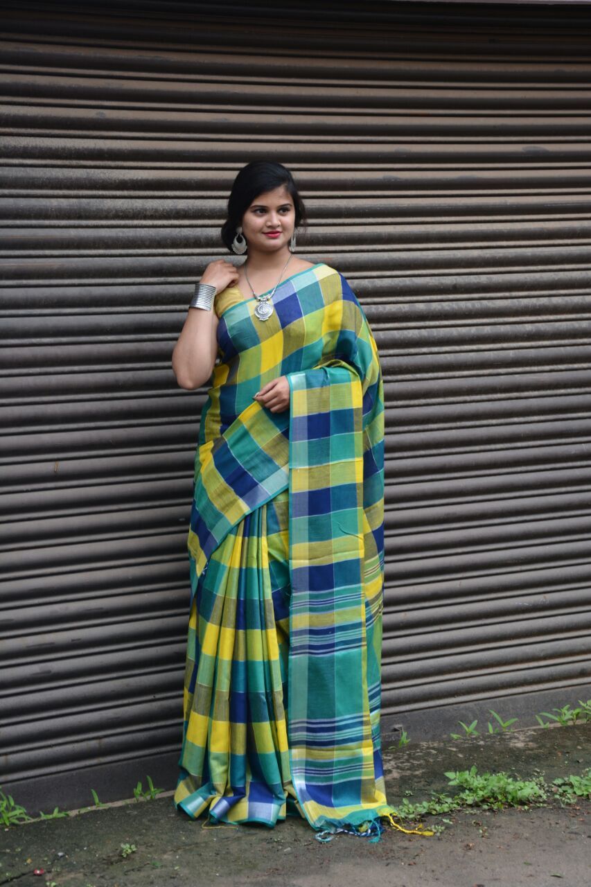 Linen Saree with Blue and Green Checks -LNSRE066 Chequered trendy saree for parties