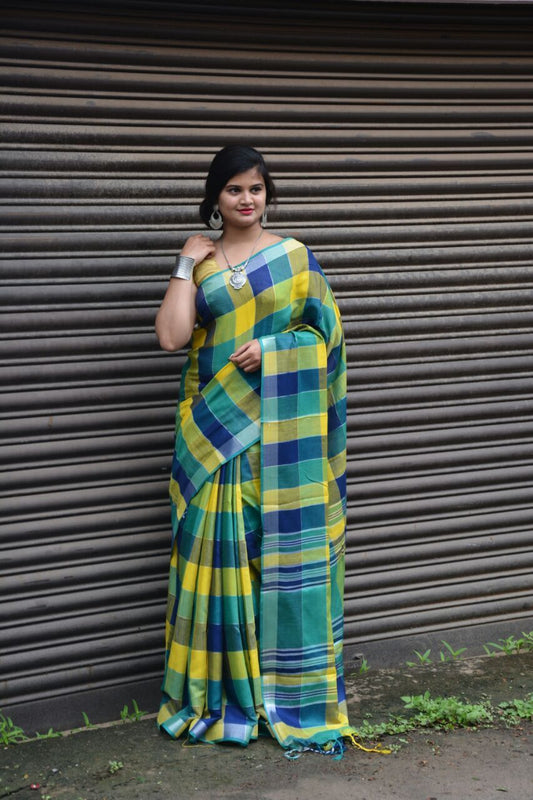 Linen Saree with Blue and Green Checks  -LNSRE066 Chequered trendy saree for parties