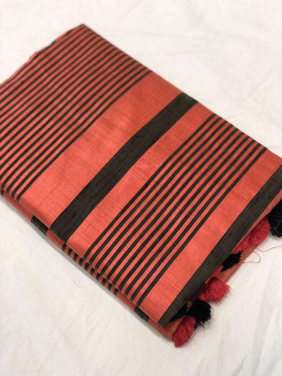 Dim Rose Black-Stripped Linen Saree-LNSRE077 Rose-pink coloured striped linen saree