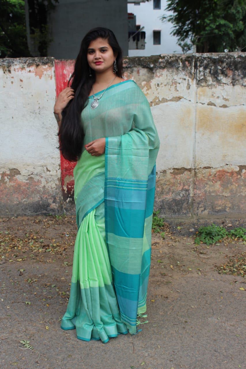 Spring Green with Azure Blue Linen Saree-LNSRE088 Light green coloured chequered saree