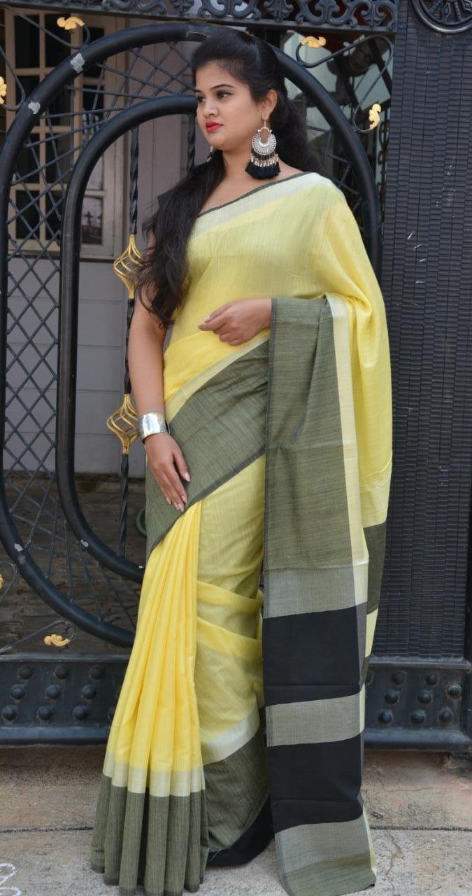 Daint Daffodil Linen Saree LNL002 Yellow and black coloured regularwear saree