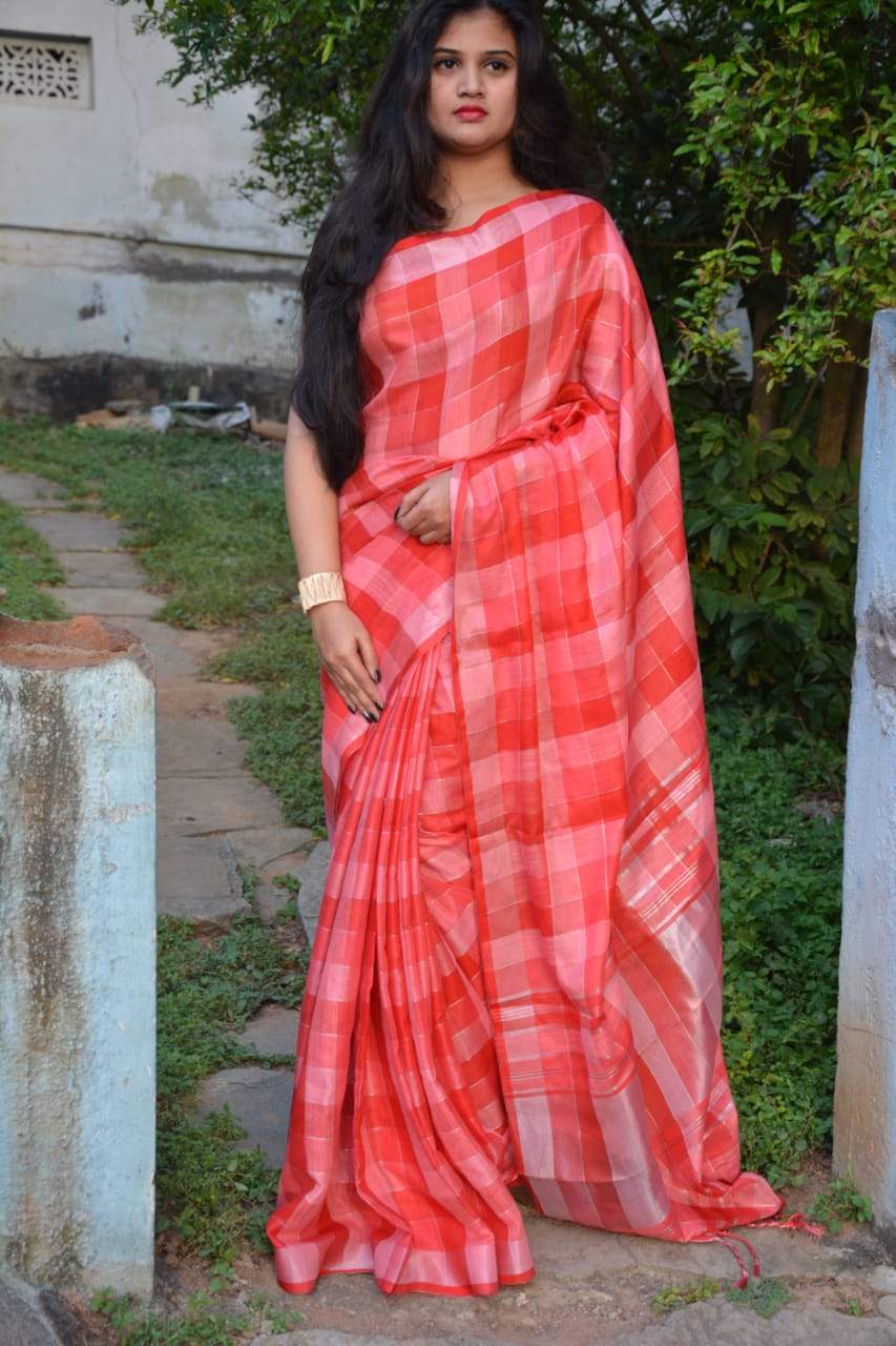 Apricot and Peach Linen Saree with checks- LNL017 Pink coloured pastel saree