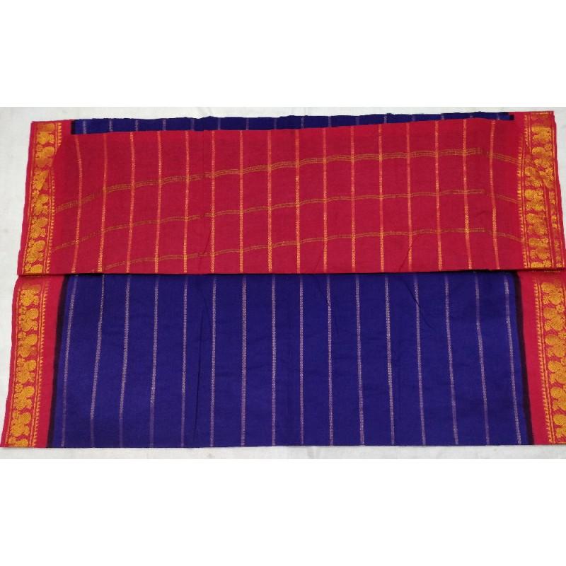 Blueberry Treat Madurai Sungudi Saree-MSS012 dark blue and red saree with golden work