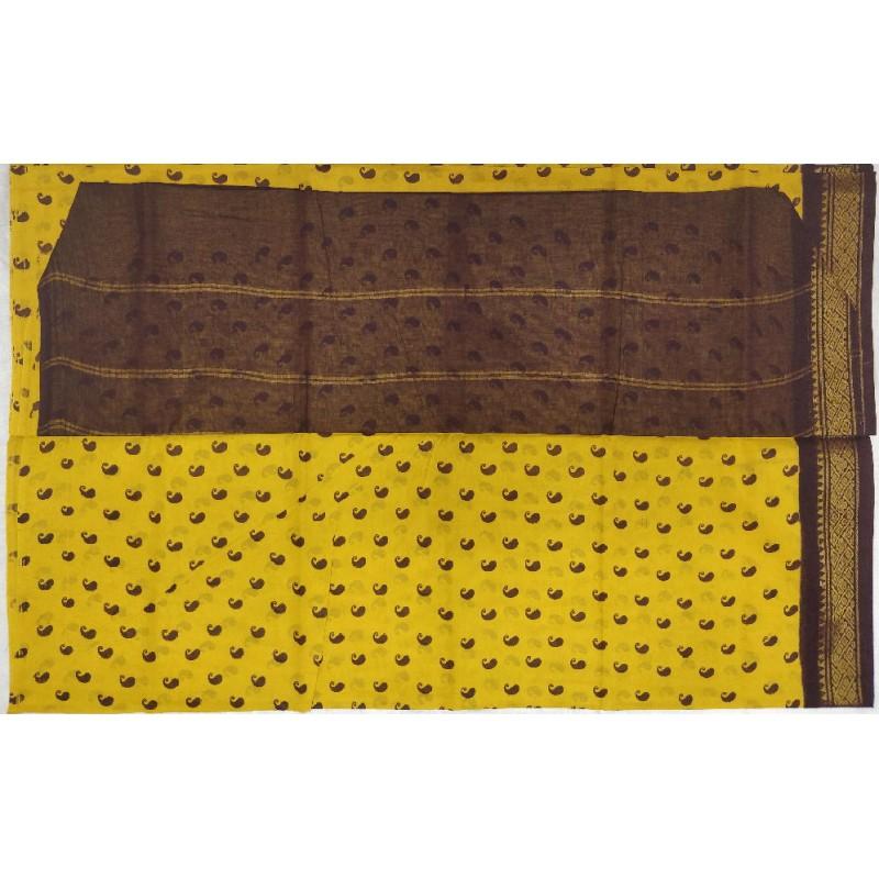 Yellow Sunshine Madurai Sungudi Saree-MSS083 yellow and brown coloured lightweight saree