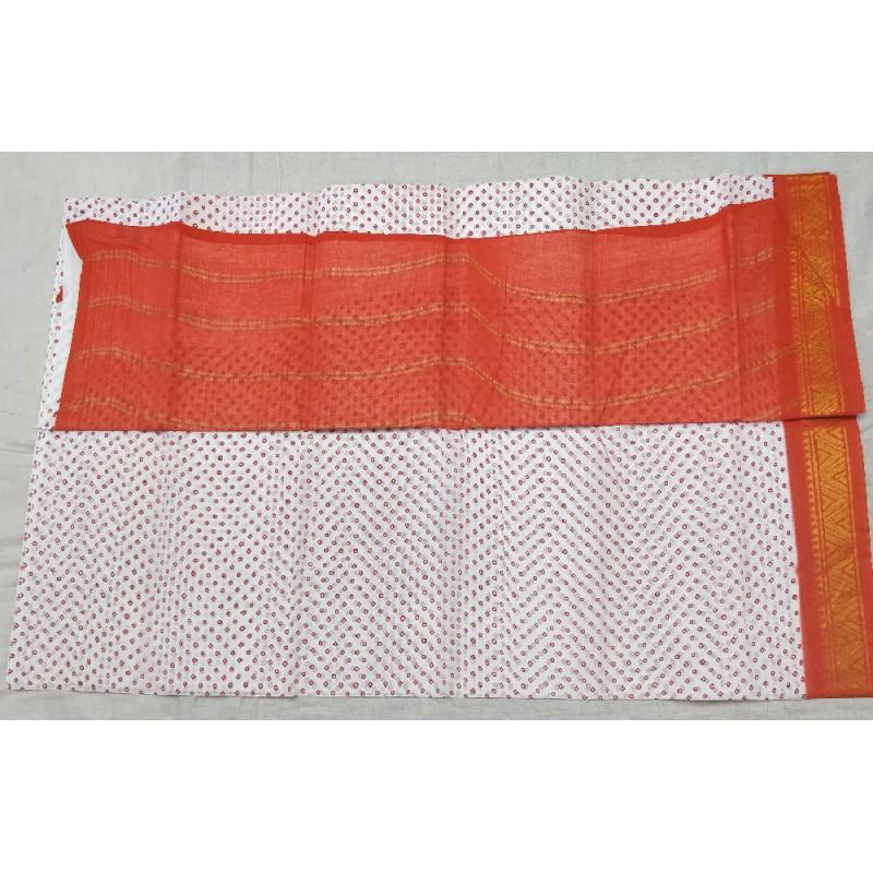Orange and White Madurai Sungudi Saree-MSS088 white coloured cotton saree