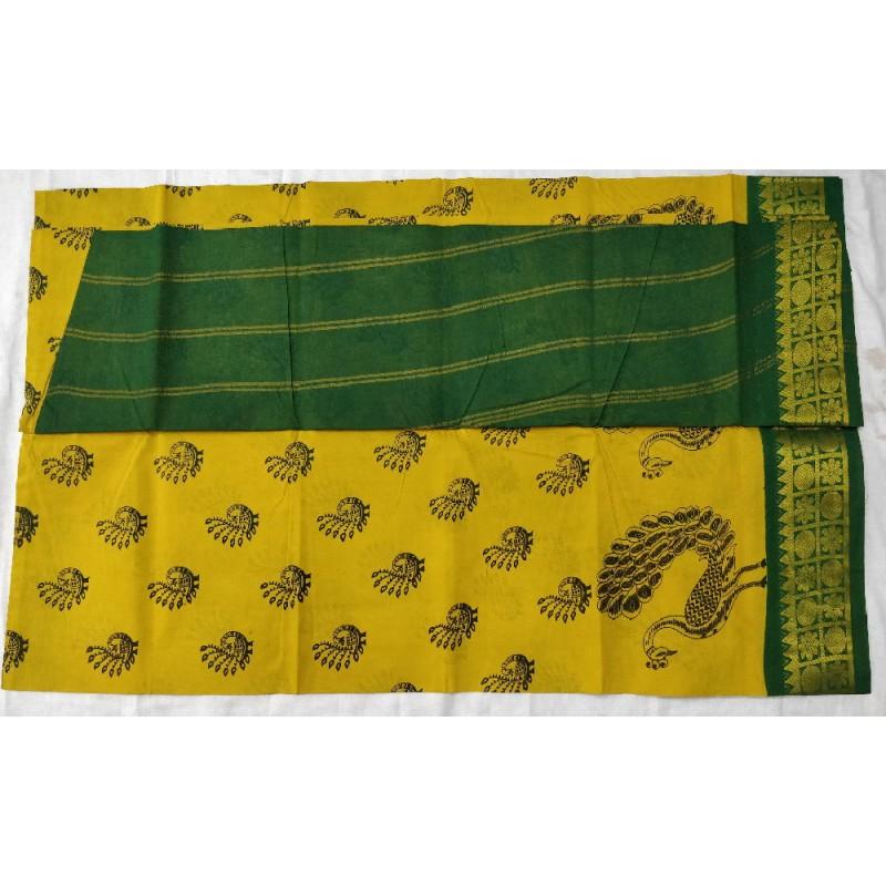 Yellow-Green Duo Madurai Sungudi Saree-MSS101 yellow and green coloured peacock print saree