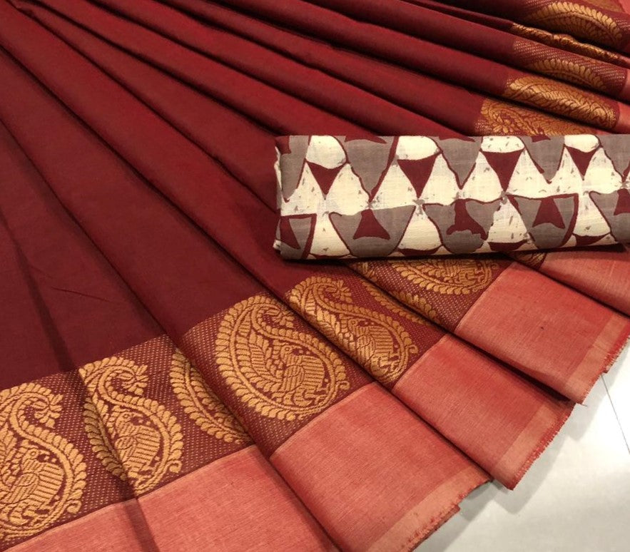 Maroon Cotton Saree with Mango Motif Border