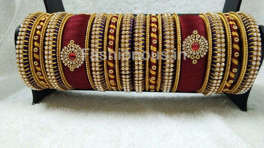 Maroon and Golden Floral Stone Worked Silk Thread Bangle Set-STJSW-048
