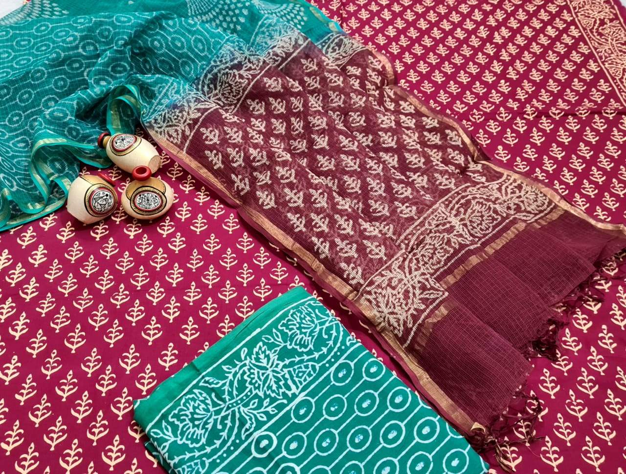 Maroon and Peacock Green Handblock Unstitched Printed Cotton Suit