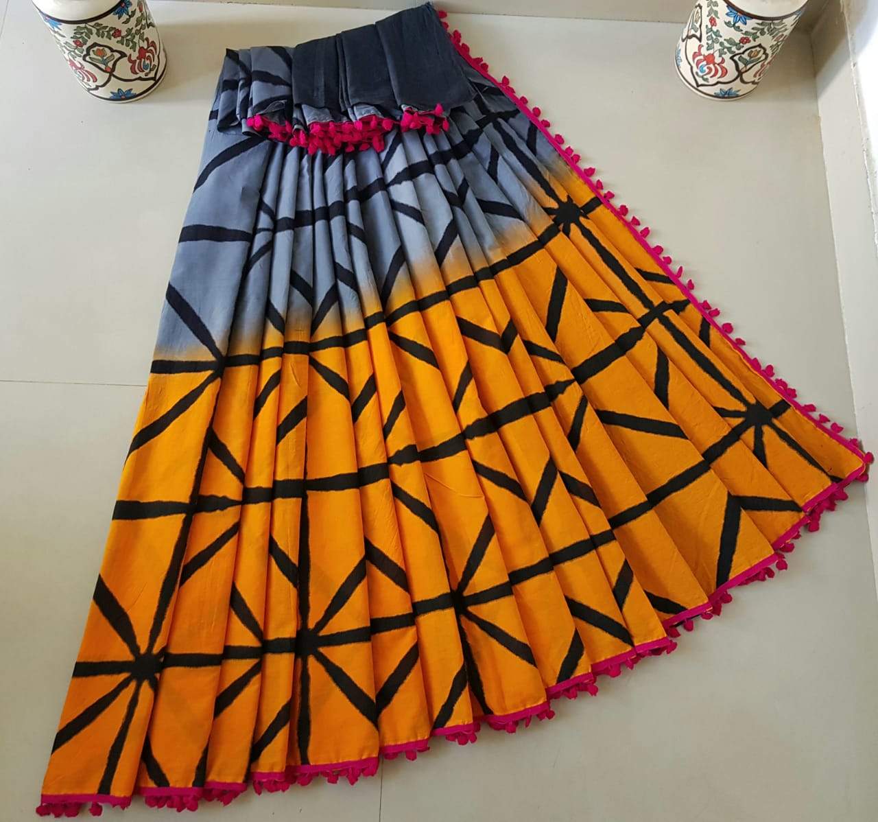 Metal Blue and Yellow Jaipuri Cotton Saree