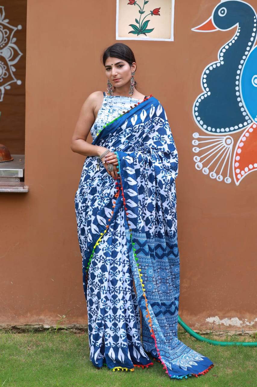 HandBlock Printed Mulmul Cotton Saree - BHBLP009