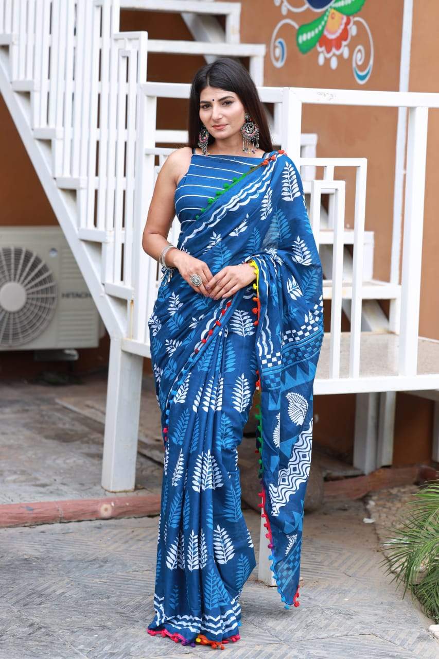 HandBlock Printed Mulmul Cotton Saree - BHBLP008