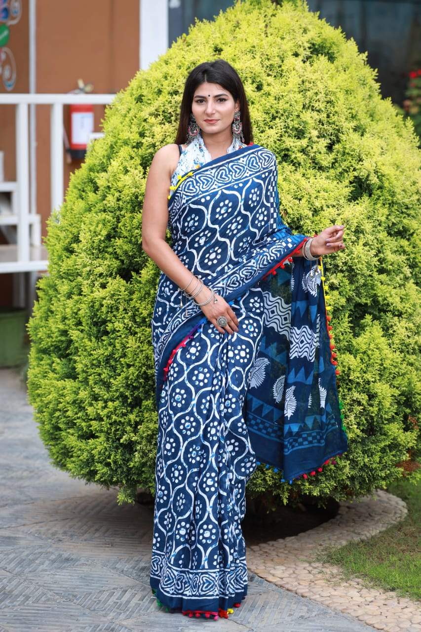 HandBlock Printed Mulmul Cotton Saree - BHBLP006
