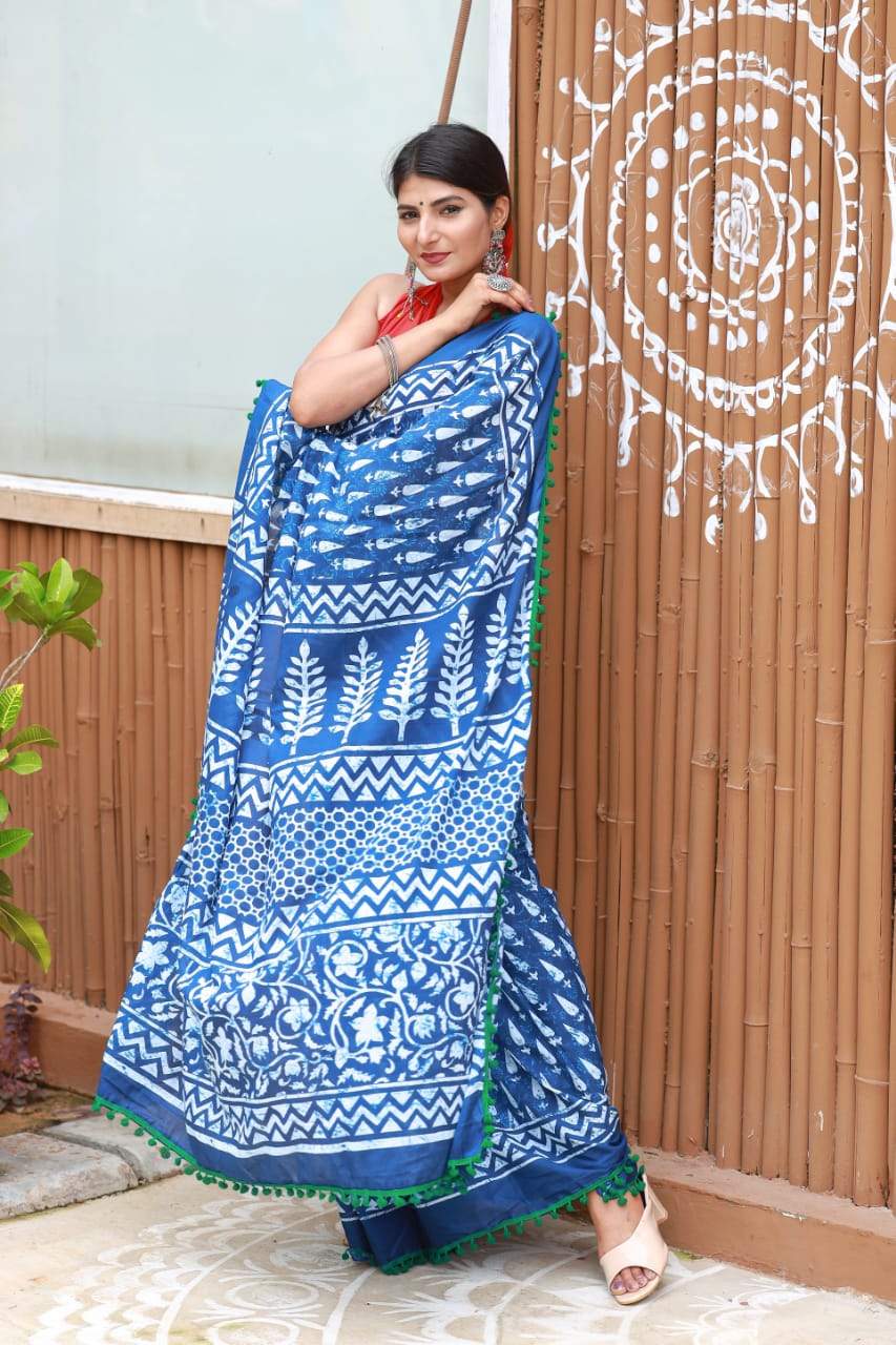 HandBlock Printed Mulmul Cotton Saree - BHBLP004