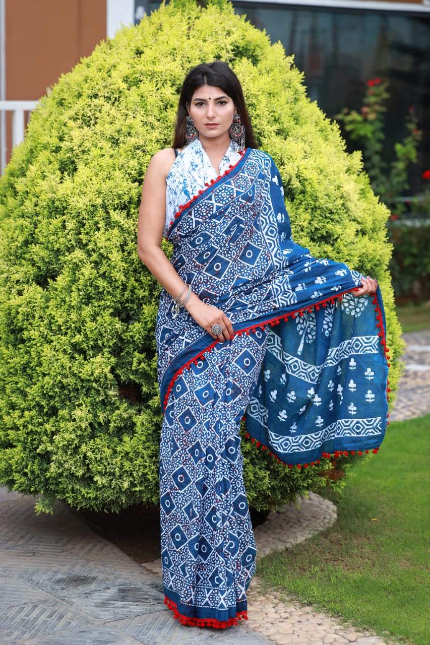 HandBlock Printed Mulmul Cotton Saree - BHBLP005