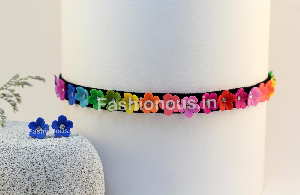 Multicolor Floral Choker and Studs-ZAPCNS-018