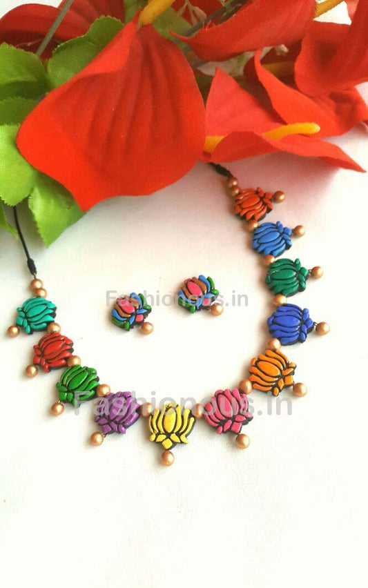 Multicolor Lotus Terracotta Jewellery Set-TJS-026