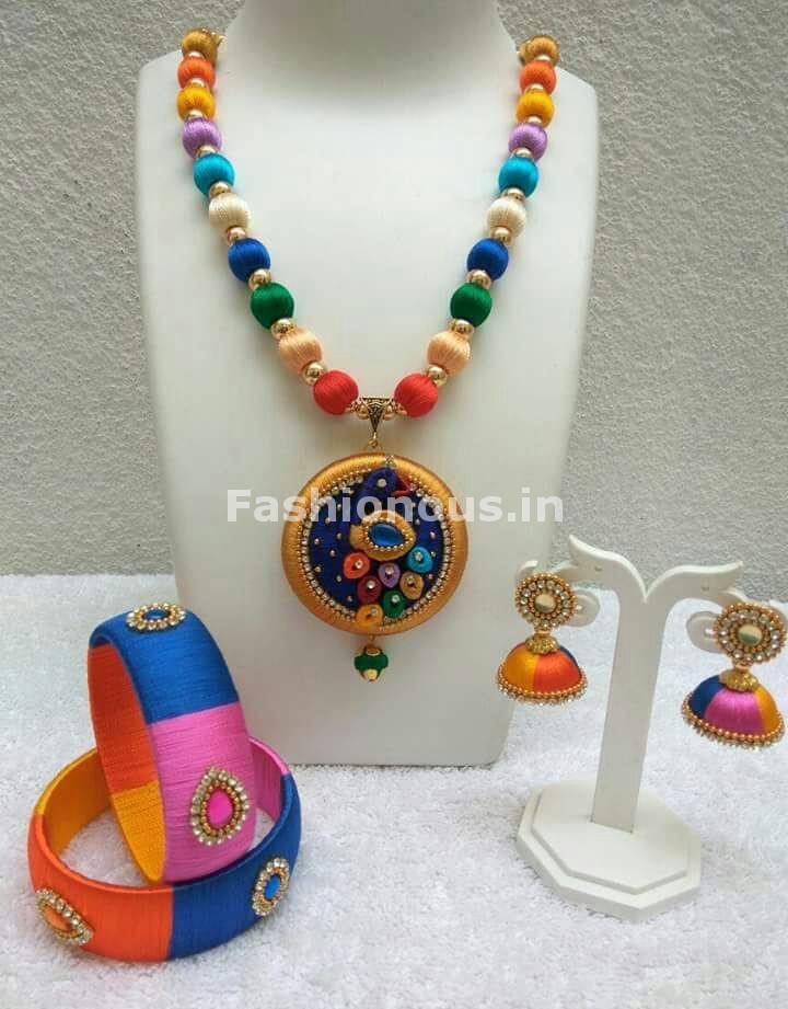 Multicolor Silk Balls with Silk Peacock Pendant Silk Thread Jewellery Set-STJS-035