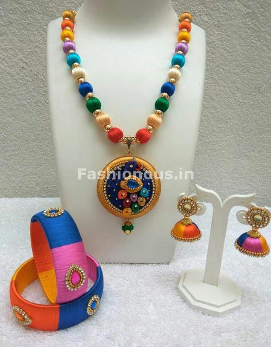 Multicolor Silk Balls with Silk Peacock Pendant Silk Thread Jewellery Set-STJS-035