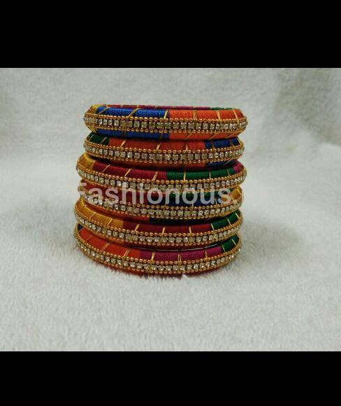 Multicolor Stone Worked Silk Thread Bangle Set-STJSW-035