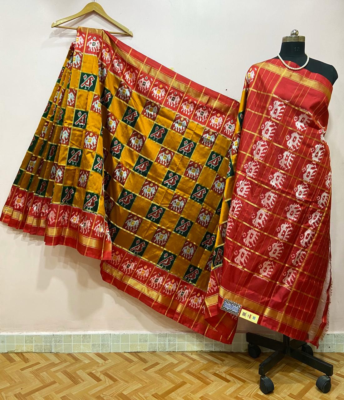 Multicoloured Parrot and Elephant Motif Patola Silk Saree-PSS1803