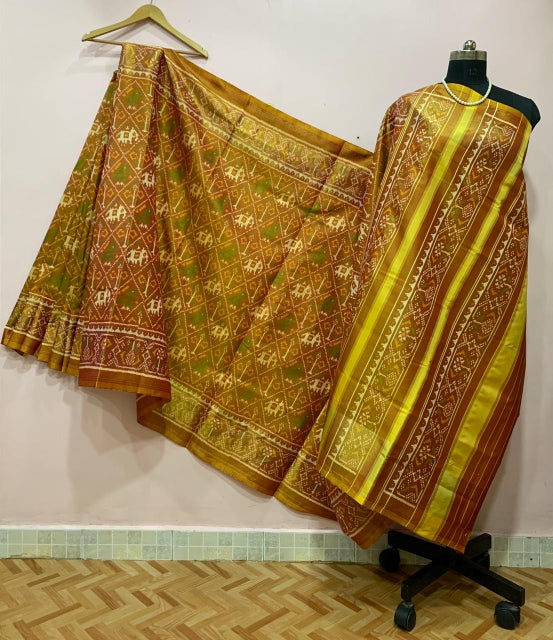 Mustard Diagonal Elephant Designed Patola Silk Saree-PPSRE-059