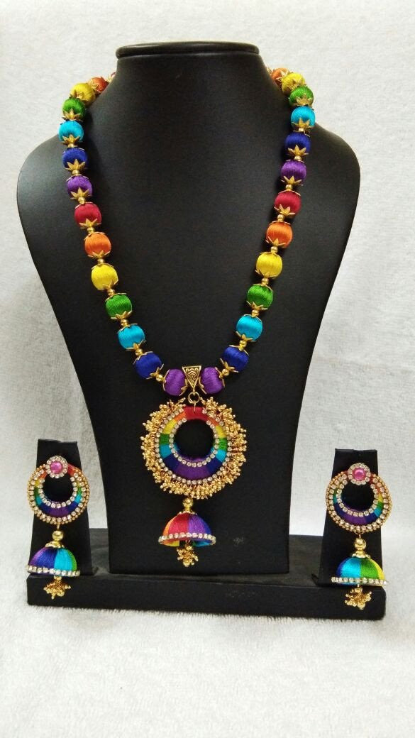 Muticolor Chandbali Pendant Silk Thread Jewellery Set