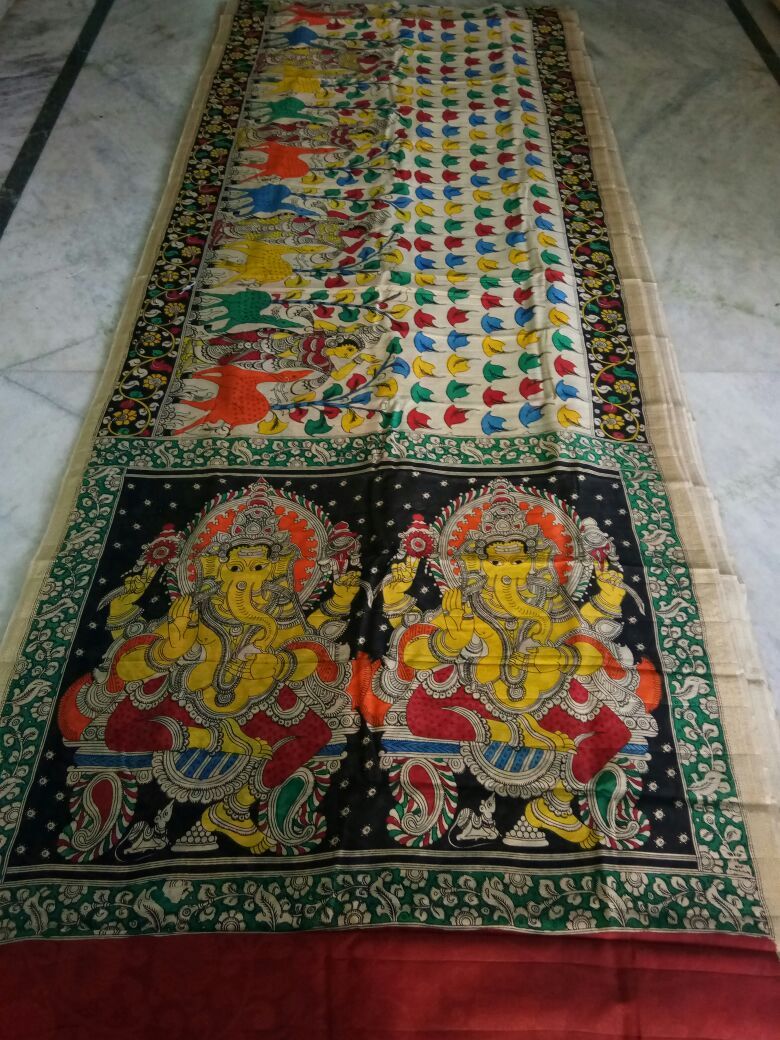 Muticolor Kalamkari Printed Chanderi with Zari Border Saree-KPCRS-001