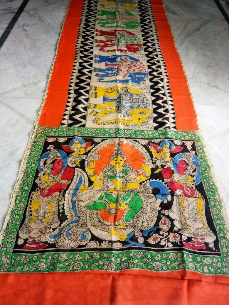 Muticolor Kalamkari Printed Chanderi with Zari Border Saree-KPCRS-006