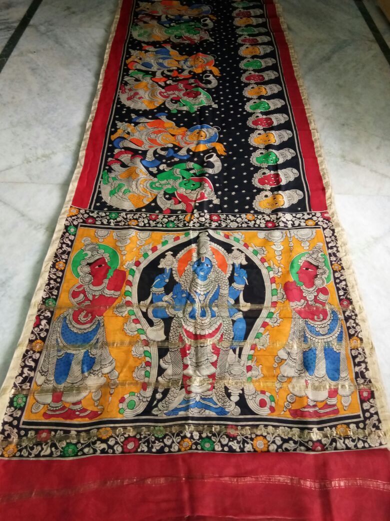 Muticolor Kalamkari Printed Chanderi with Zari Border Saree-KPCRS-008