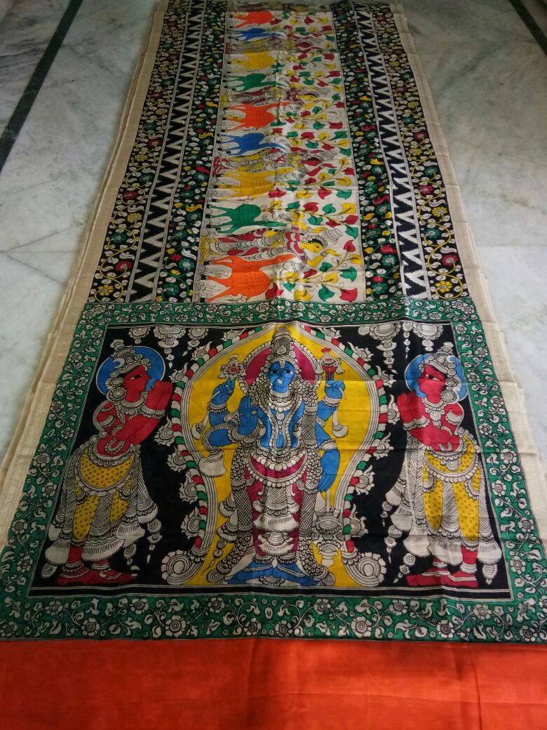 Muticolor Kalamkari Printed Chanderi with Zari Border Saree-KPCRS-011