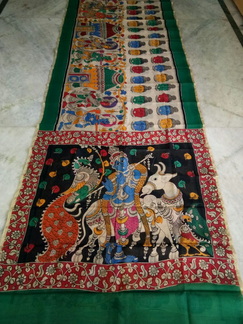 Muticolor Kalamkari Printed Chanderi with Zari Border Saree-KPCRS-014