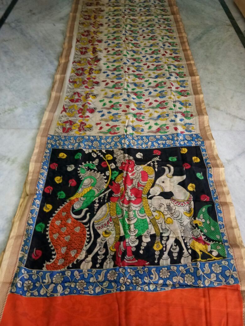 Muticolor Kalamkari Printed Chanderi with Zari Border Saree-KPCRS-015