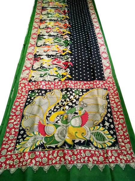 Multicoloured Peacock Dancing-Women Hand-Painted Chennur Silk Kalamkari Saree