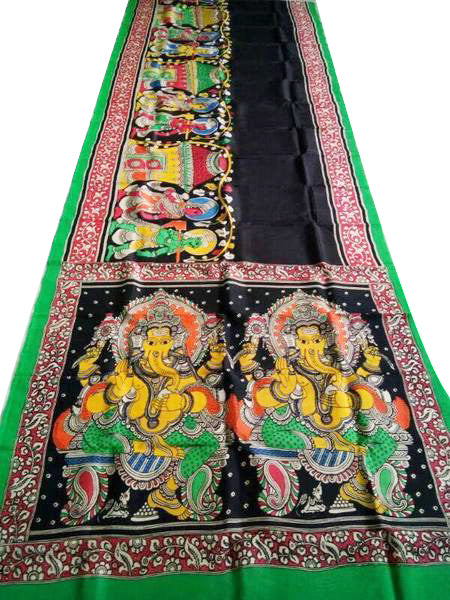 Multicoloured Dual Ganesha Hand-Painted Chennur Silk Kalamkari Saree