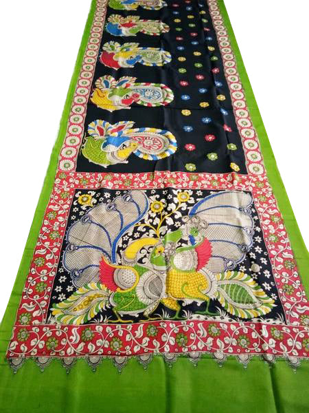 Multicoloured Ornate Dual Peacock Hand-painted Chennur Silk Kalamkari Saree