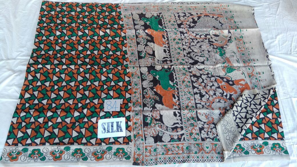 Muticolor Printed Silk Kalamkari Saree-KALAMKARI-0090
