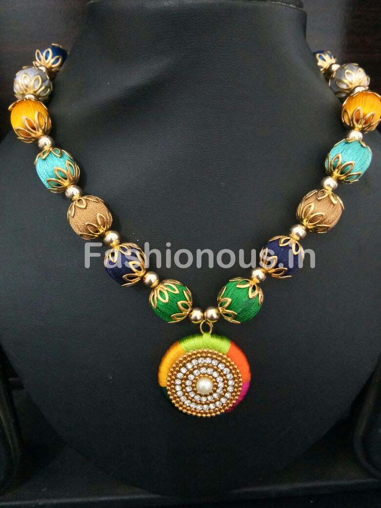 Muticolor Stone Worked Silk Thread Pendant-STJSW-098