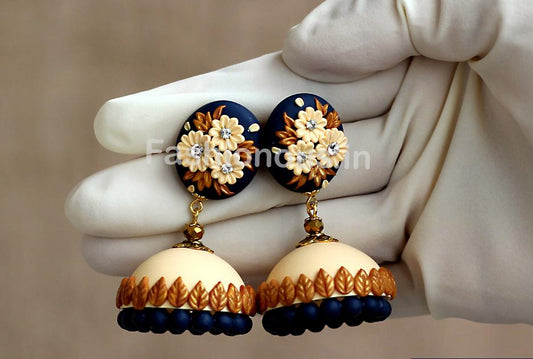 Navy Blue-Cream with Golden Floral Jhumka-ZAPCJH-010