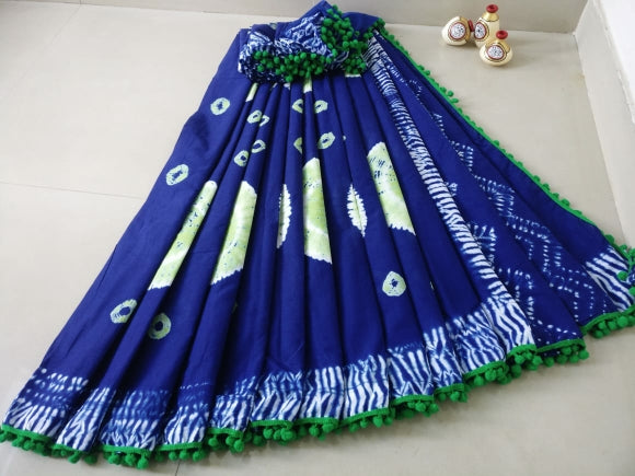 Navy Blue-Green Cotton Saree-TCS048