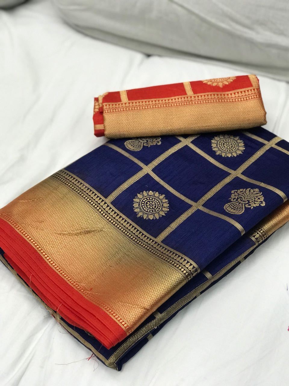 Navy Blue with Orange Border Banarasi Silk Saree-SRE-1096