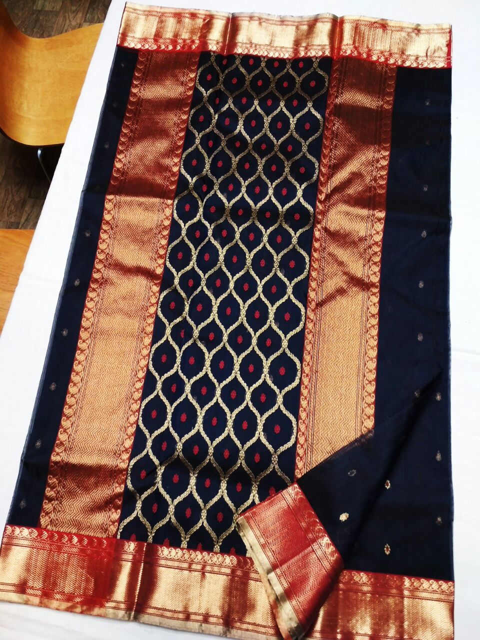 Navy Blue with Red Zari Border Chanderi Silk Saree