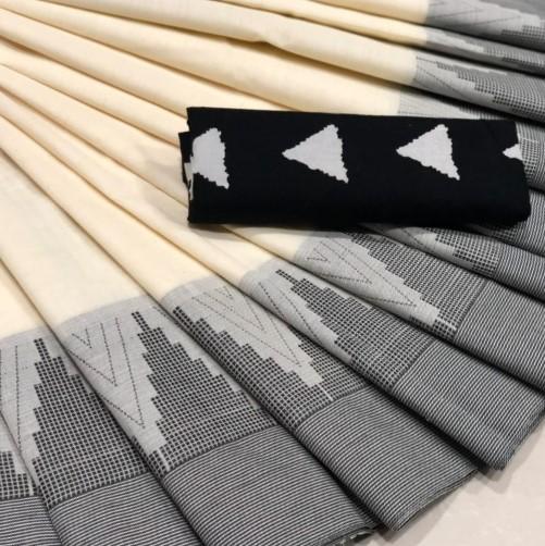 Off-white Chettinad Saree with Tower Border-CS705