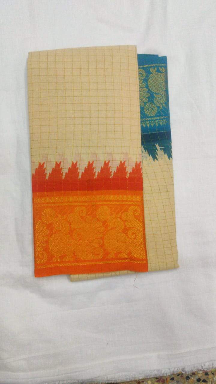 Off White and Orange-Madurai Sungudi Sarees - Double side Jari Border