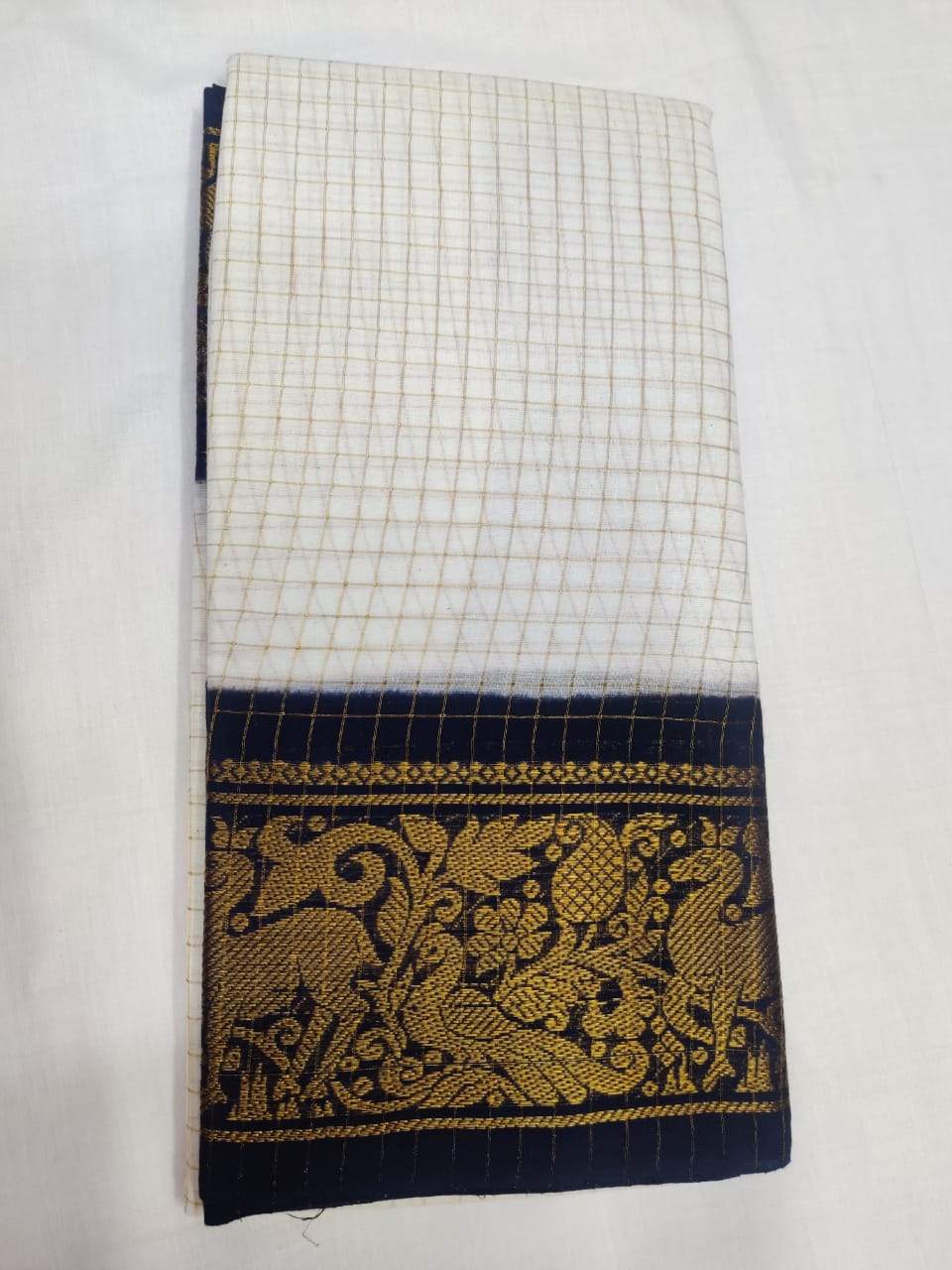 Off White with Black-Madurai Sungudi Sarees - Double side Jari Border