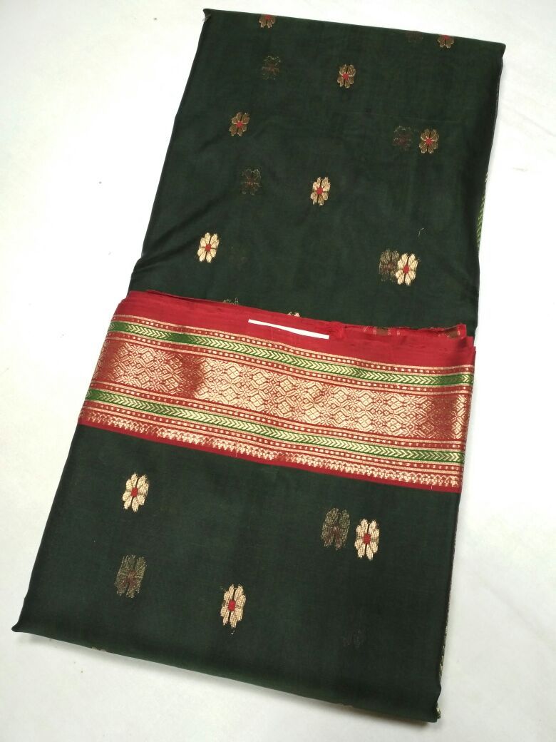 Olive Chanderi Silk Saree With Red-Gold Border and Leaf Design