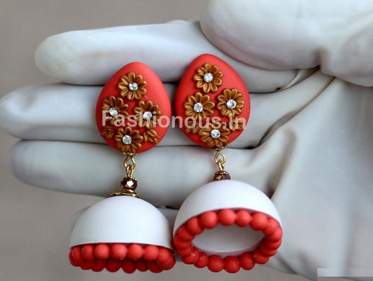 Orange- White with Golden Floral Jhumka-ZAPCJH-008