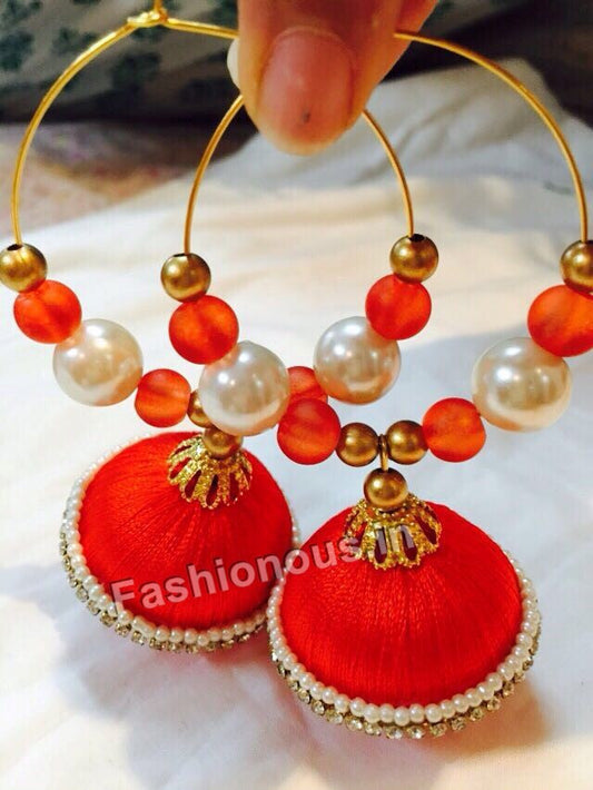 Orange Beaded Silk Thread Hoops